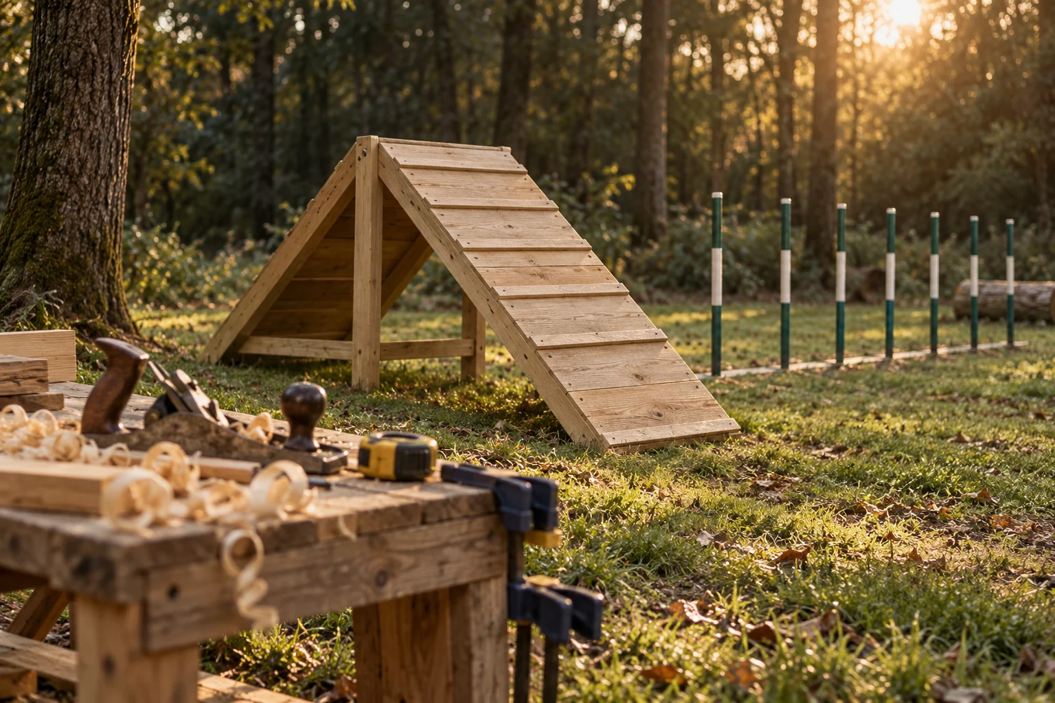 Conceptual illustration of a timber dog agility ramp and woodworking tools in a park.