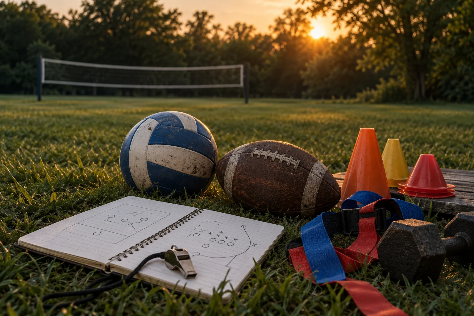 Editorial illustration of volleyball and flag football equipment at golden hour.