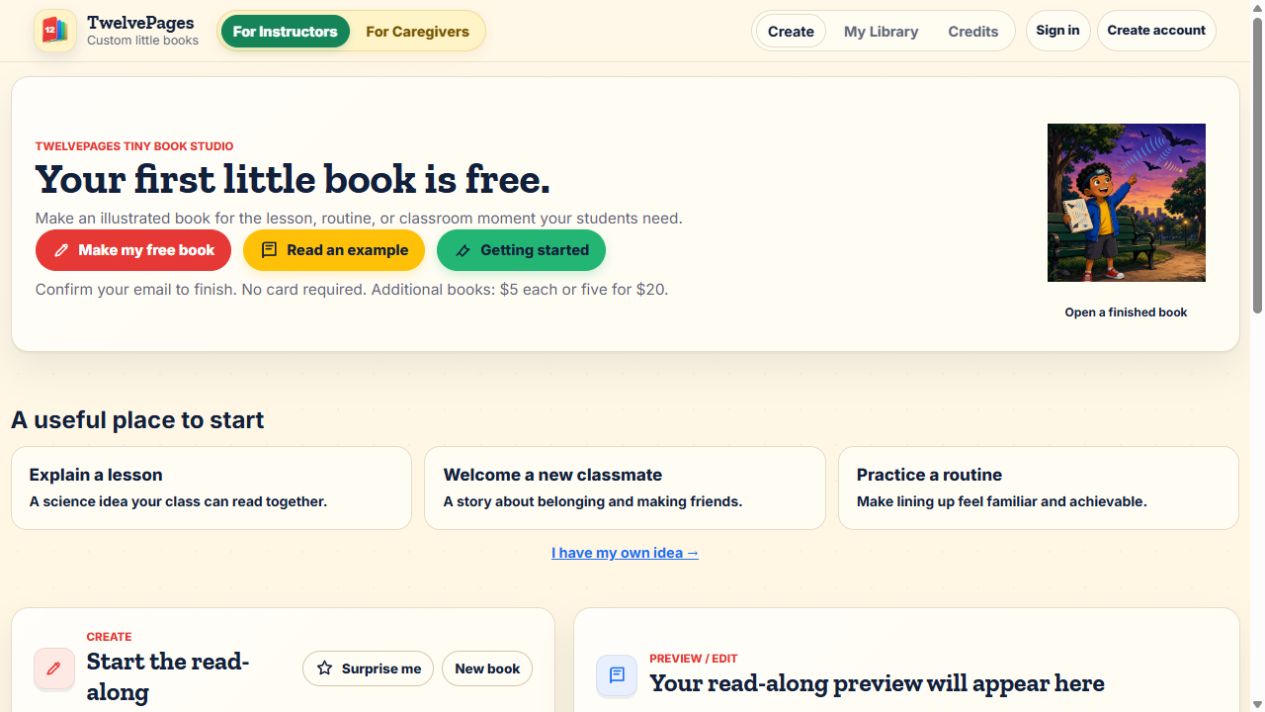 The real TwelvePages public interface for creating personalized illustrated storybooks.